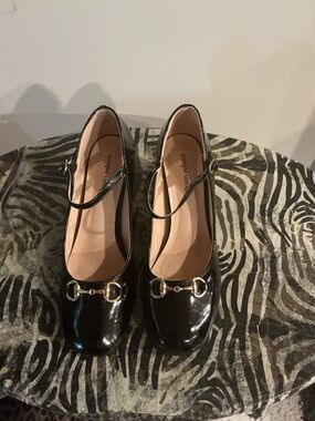 Unique Vintage Black Patent Mary Jane Pumps with Gold Horsebit Accent